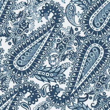 Çiçek kumaş arka planında şal desenli süs. Kusursuz vektör deseni