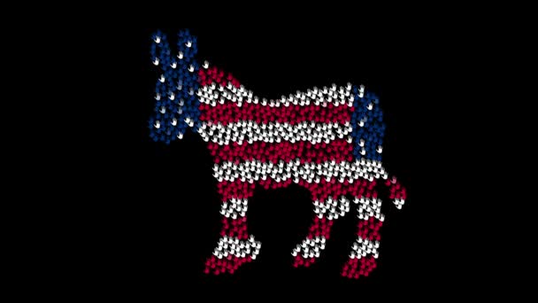 Large group of hands gathered together to form the donkey symbol with colors USA flag on a black background. — Stock Video