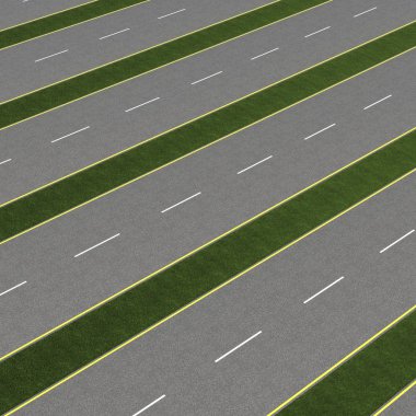 Asfalt yollar çapraz olarak yeşil çimenli yol kenarı ile çalışan.