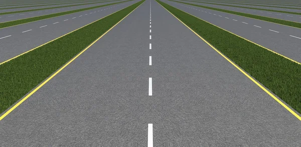 Yeşil çimenli yol ile ufuk olacak soyut asfalt yollar.