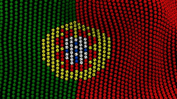 Прапор Португалії, що складається з багатьох кулі розвіваються на вітрі, на чорному тлі. 3D ілюстрація. — стокове фото