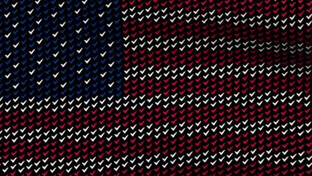 American flag is waving in the wind, consisting of choice's symbols, on a black background. — Stock Video