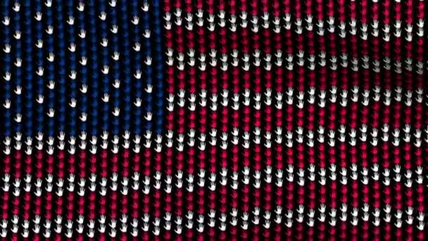Американський прапор махав на вітрі, що складається з руки на чорному тлі. — стокове відео