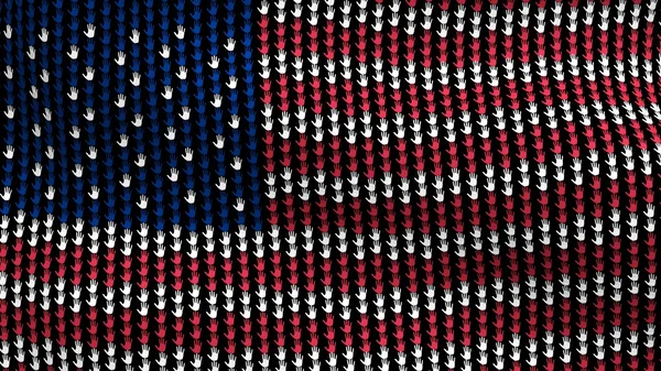Amerikanische Flagge weht im Wind, bestehend aus Händen, auf schwarzem Hintergrund. — Stockfoto