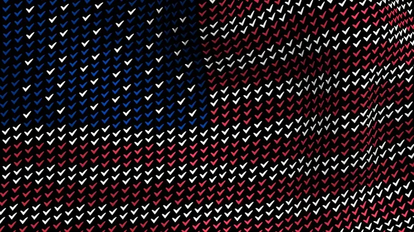 Amerikanische Flagge weht im Wind, bestehend aus den Symbolen der Wahl, auf schwarzem Hintergrund. — Stockfoto