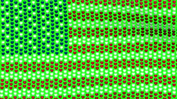 Bandiera americana sventola nel vento, costituito da cuori, su uno sfondo verde. Video loop senza soluzione di continuità . — Video Stock