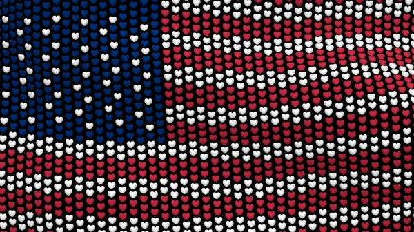 Amerikanische Flagge weht im Wind, bestehend aus Herzen, auf schwarzem Hintergrund. — Stockfoto