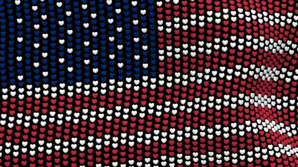 Amerikanska flaggan vajade i vinden, bestående av hjärtan, på en svart bakgrund. — Stockfoto