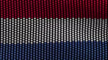 Siyah bir ekranda Rüzgar içinde çırpınan birçok futbol topları oluşan Hollanda bayrağı.