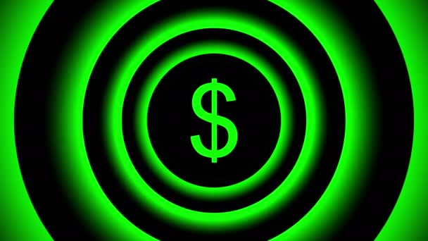 Artan dolar işareti yeşil bulanık daireler - görsel yanılsama tarafından çevrili. — Stok video
