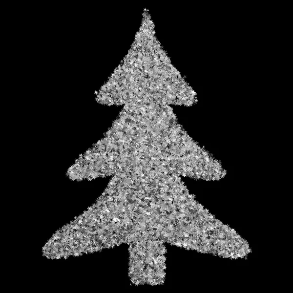 Boże Narodzenie drzewo napis składający się z płatki śniegu na czarnym tle — Zdjęcie stockowe