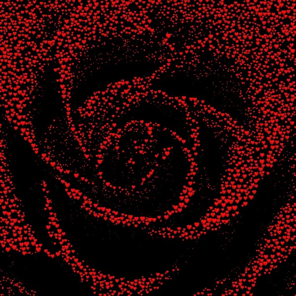 Tło valentine's day z serca. Róża, utworzone od 20.000 czerwone serca na czarnym tle. — Zdjęcie stockowe