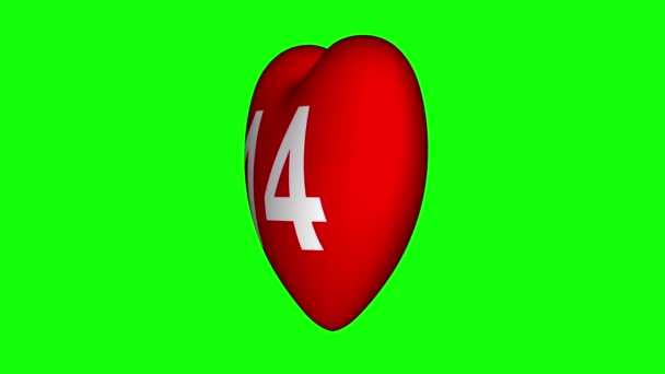 Sfondo San Valentino. Cuore rosso rotante con il numero 14 su uno schermo verde — Video Stock