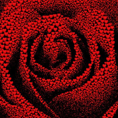 Valentines day background with hearts. Monochrome rose, formed from 150,000 red hearts on a black background.