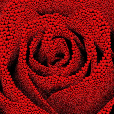 Valentines day background with hearts. Monochrome rose, formed from 1500,000 red hearts on a black background.