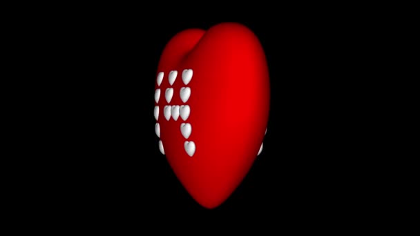 Поверніть велике червоне серце і 14 маленьких білих сердець на ньому на чорному тлі . — стокове відео