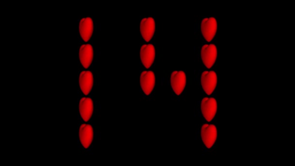 Valentines day background. 14 rotating red hearts form the number 14 on a black background. — ストック動画