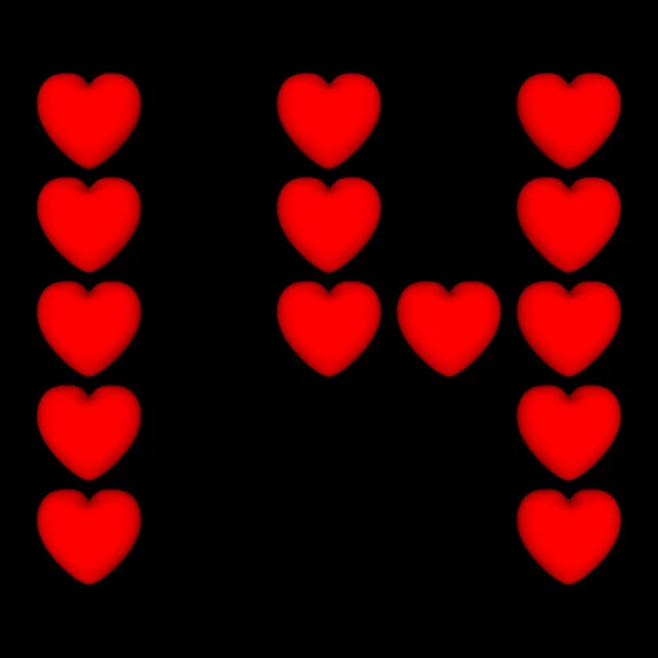 14 pequenos corações vermelhos formam o número 14 em um fundo preto . — Fotografia de Stock