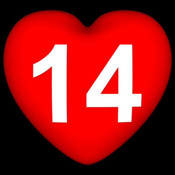 Zahl 14 auf dem großen roten Herz auf schwarzem Hintergrund. lizenzfreie Stockfotos