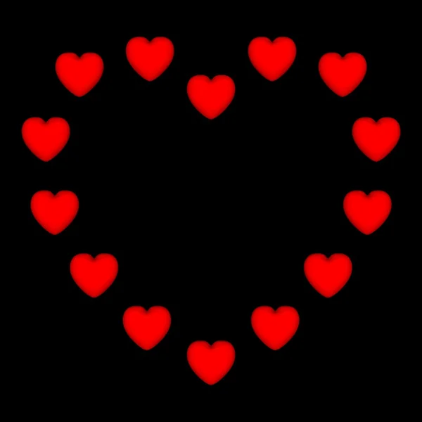 14 pequenos corações vermelhos formam uma grande silhueta de coração em um fundo preto . — Fotografia de Stock