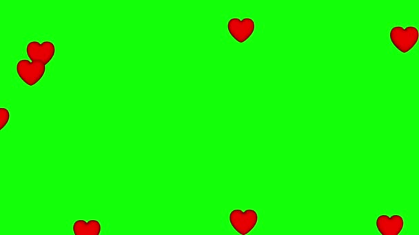Kapcsolja be a szám 14 és a sziluett, a szív, bővül a tér egy zöld képernyő 14 piros szívek — Stock videók