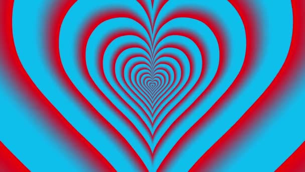 Oncoming concentric nested red partly blurred hearts on a blue background. — Stock Video