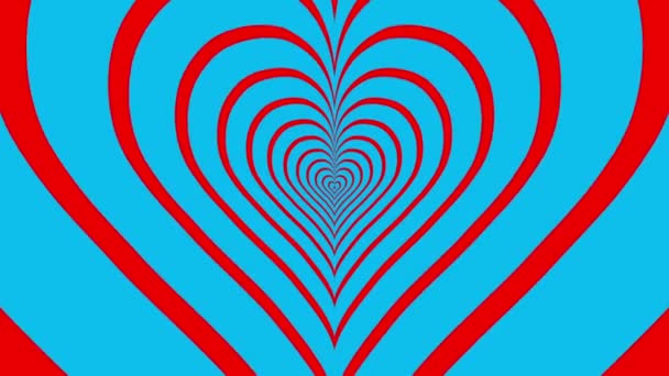 Oncoming concentric nested red partly blurred hearts on a blue background. — Stock Video