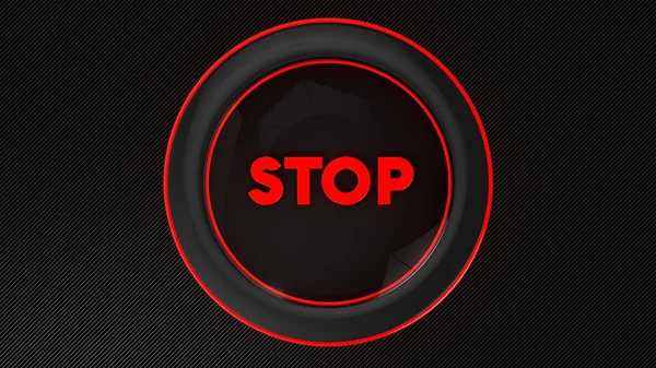 3D svítící červené tlačítko stop na uhlíku — Stock fotografie
