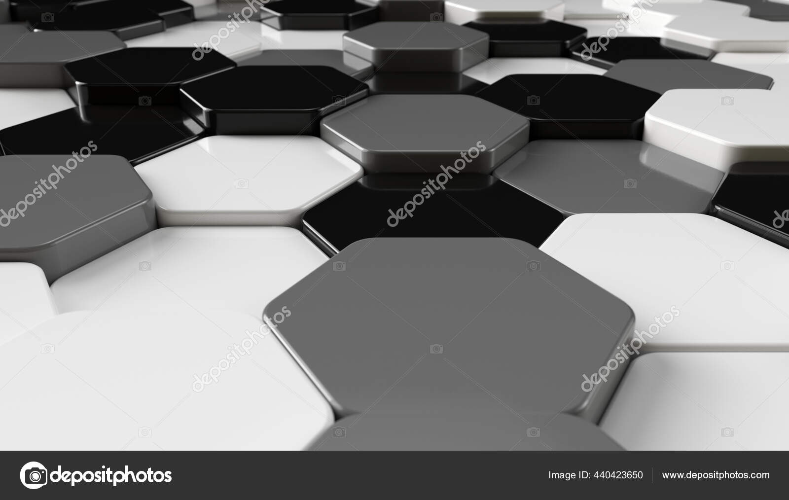 黒グレーと白のランダムな六角形のパターンの背景を配置 グレースケール抽象壁紙3dレンダリングイラスト ストック写真 C Viking75