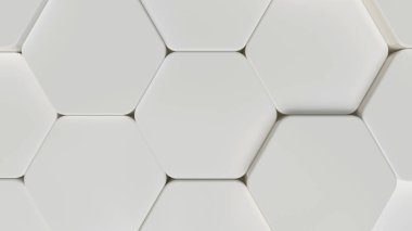 Beyaz altıgenler plastik malzemeden yapılmış, bir ızgarada konumlandırılmış ve yerinden edilmiş. 3d resimleme.