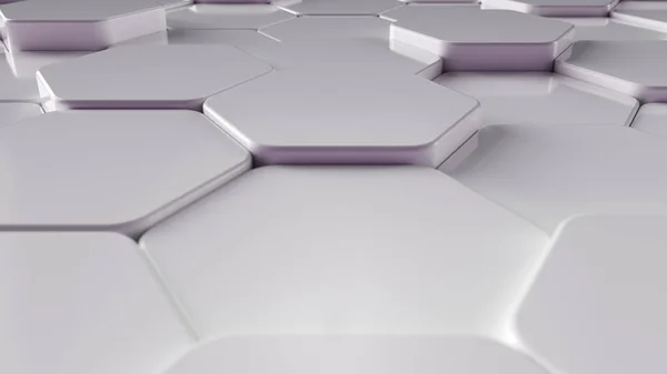 Beyaz altıgenler plastik malzemeden yapılmış, bir ızgarada konumlandırılmış ve yerinden edilmiş. 3d resimleme.