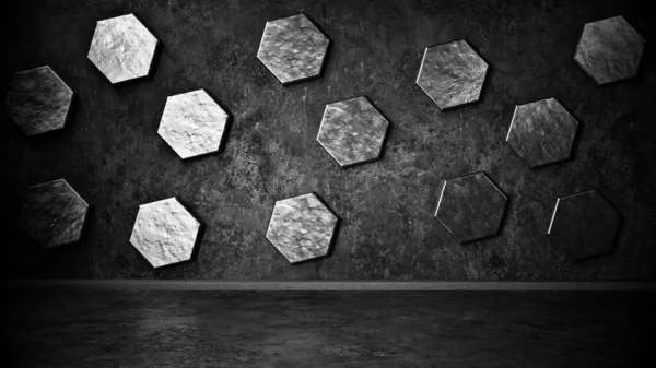 混凝土车库未来派内部墙壁上有金属六边形板 黑暗概念 3D渲染说明 — 图库照片