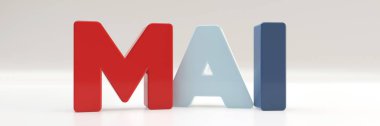 Mai - Mayıs - Almanca 3d plastik renk paleti ile kırmızı, mavi ve beyaz, metin tipografisi, 3d resimleme