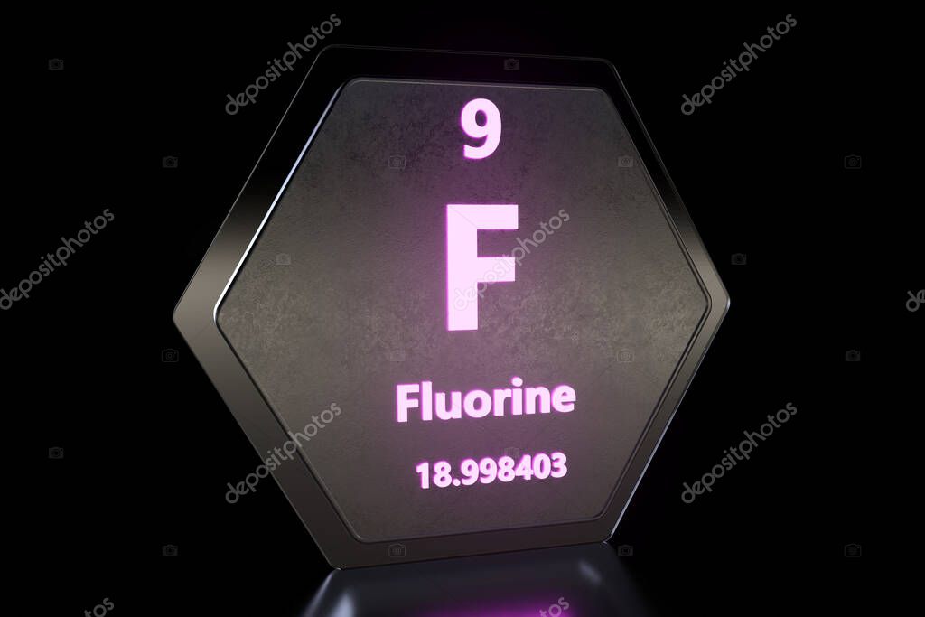 Flúor F elemento químico Señal con número atómico y peso atómico. Elemento químico de la
