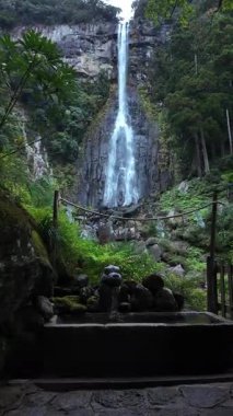 Japon tapınağının arkasındaki görkemli Nachi Şelalesi. Yüksek kalite 4k görüntü