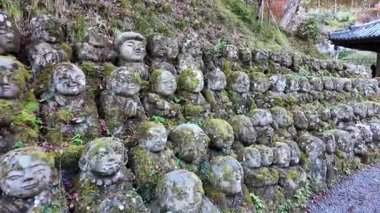 Japonya 'nın Kyoto kentindeki Otagi Nenbutsu-ji Tapınağı' nda Yosun kaplı Rakan Taş Heykelleri. Yüksek kalite 4k görüntü