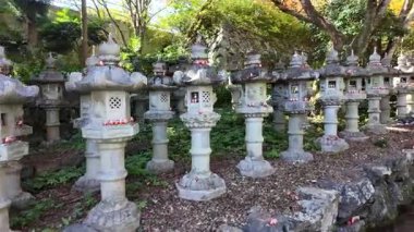 Huzurlu bir Japon bahçesindeki Yeşil Bitkilerle çevrili bir göl tarafından çevrelenmiş Stone Garden Feneri. Yüksek kalite 4k görüntü