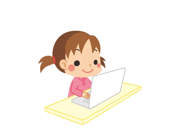 Иллюстрация Маленькой Девочки Работающей Компьютере — стоковый вектор