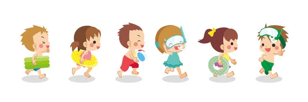 Ilustración Niños Pequeños Trajes Baño Corriendo Felices — Vector de stock