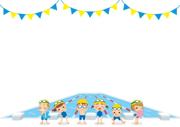 Illustration Little Children Getting Ready Swim Front Swimming Pool — Stock Vector
