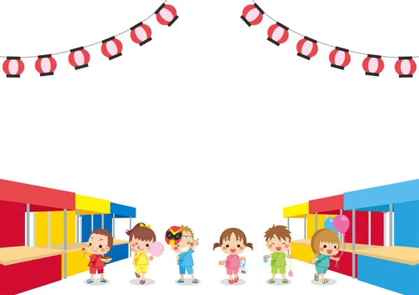 Ilustración Niños Pequeños Disfrutando Festival Tradicional Japonés — Vector de stock