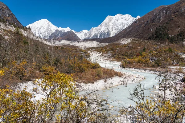Himalaya dağları ve akarsu akıntısı, Asya, Nepal 'de Manaslu' daki Bimthang köyünün erimiş buzulu manzarasından geliyor.