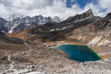 Blue lake view from Renjo la pass in Everest base camp trekking route, Himalaya mountains range, Nepal, Asia
