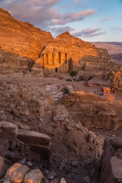 Deir Monastère Petra Ruine Ancienne Ville Royaume Nabatéen Dans Coucher — Photo