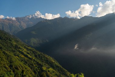 Machapuchare dağ zirvesi, Annapurna sıradağlarının kutsal zirvesi, Himalaya dağları Pokhara, Nepal, Asya 'nın sıradağları