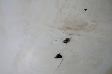 Binanın çatısından su sızıyor. Duvarların onarımı ve geliştirilmesi. Sel suyundan çürüyor. Evin çatısında sızdıran ıslak alçı var. Duvardaki kırık su sızıntısı. Ev inşa koruma kavramı.