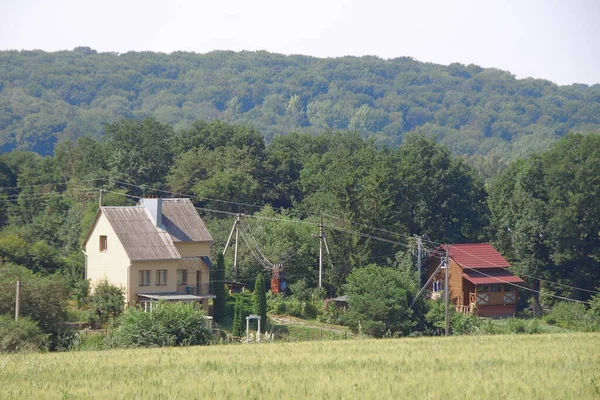 Landhäuser Der Nähe Von Wald Und Feldern — Stockfoto