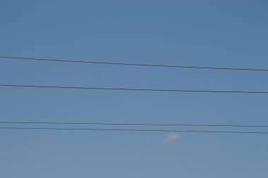 Mavi gökyüzünün arka planında elektrik hatları