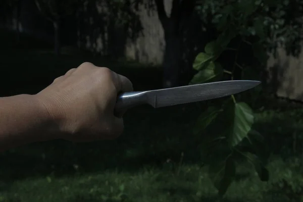 Kitchen knife in hand on a background of a garden