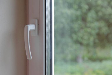 Ormandaki sebze bahçesinin arka planındaki pencereyi kapatan kapı kolu.